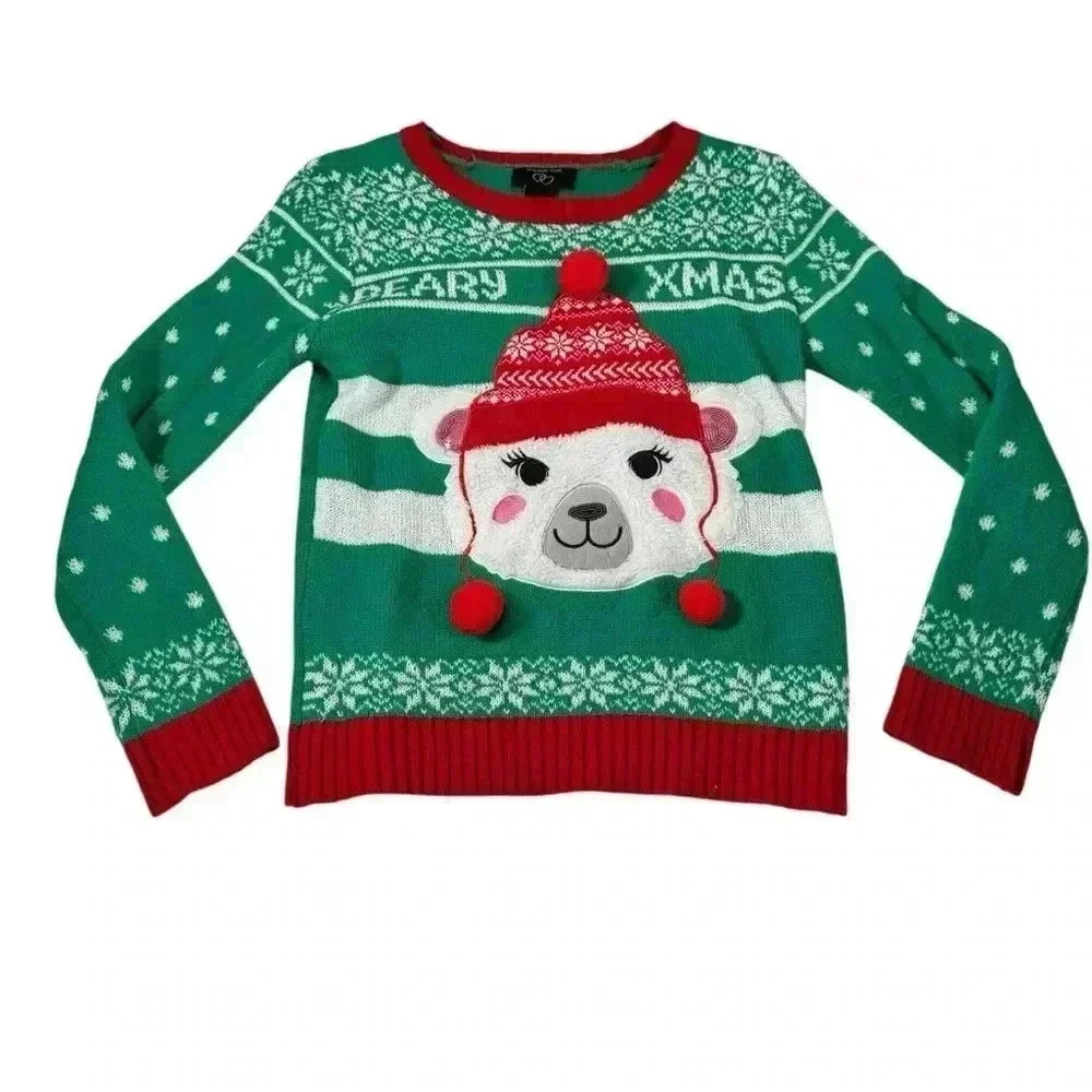 It's Our Time Polar Bear Christmas Ugly Holiday Sweater Girls Size Large - Picture 3 of 10